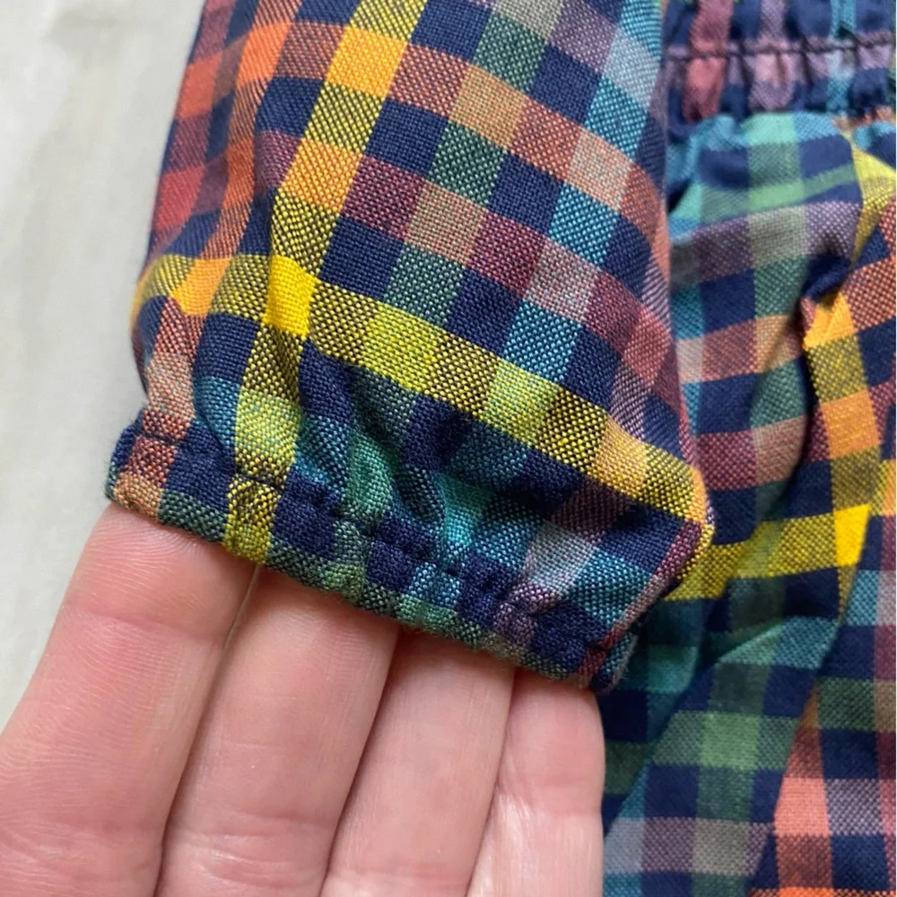 NWT RuffleButts Harvest Rainbow Gingham Long Sleeve Smocked Bubble Romper, 0-3M
